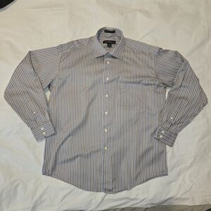 ALFRED SUNG Blue, White and Brown Striped Dress Shirt